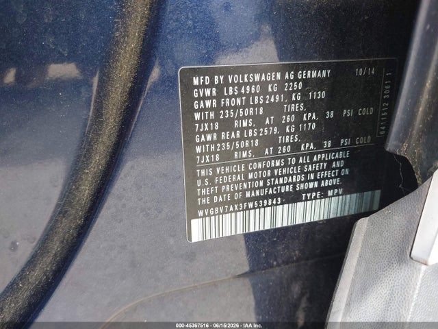 2015 Volkswagen Tiguan Se მანქანა იყიდება აუქციონზე, vin: WVGBV7AX3FW539843, აუქციონის ნომერი: 45367516