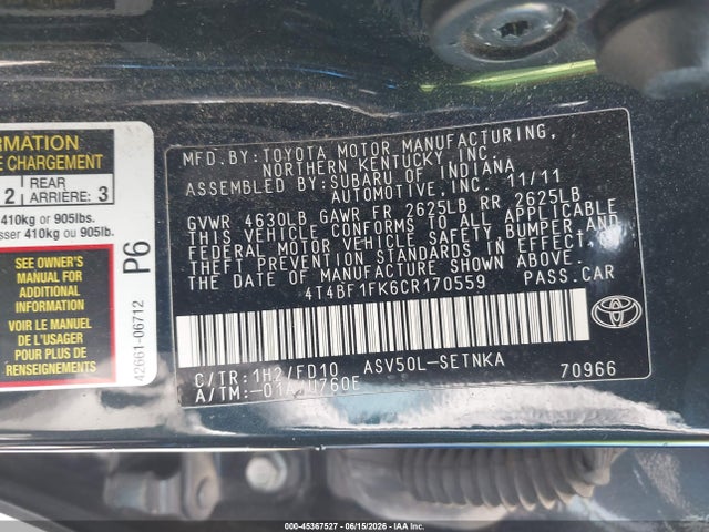 Продажа на аукционе авто 2012 Toyota Camry Le, vin: 4T4BF1FK6CR170559, номер лота: 45367527