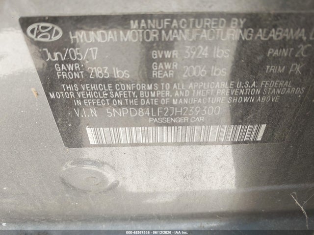 Продаж на аукціоні авто 2018 Hyundai Elantra Sel, vin: 5NPD84LF2JH239300, номер лоту: 45367536