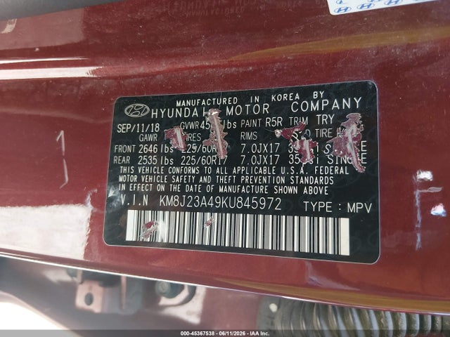 Aukcja sprzedaży 2019 Hyundai Tucson Se, vin: KM8J23A49KU845972, numer aukcji: 45367538