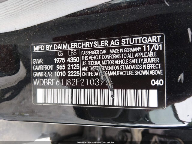 Aukcja sprzedaży 2002 Mercedes-benz C 240, vin: WDBRF61J82F210375, numer aukcji: 45367554