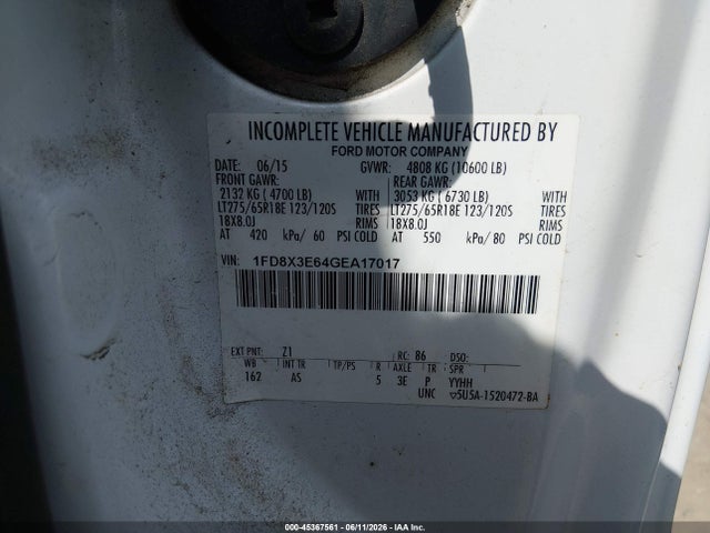 45367561 :رقم المزاد ، 1FD8X3E64GEA17017 vin ، 2016 Ford F-350 Chassis Xl مزاد بيع