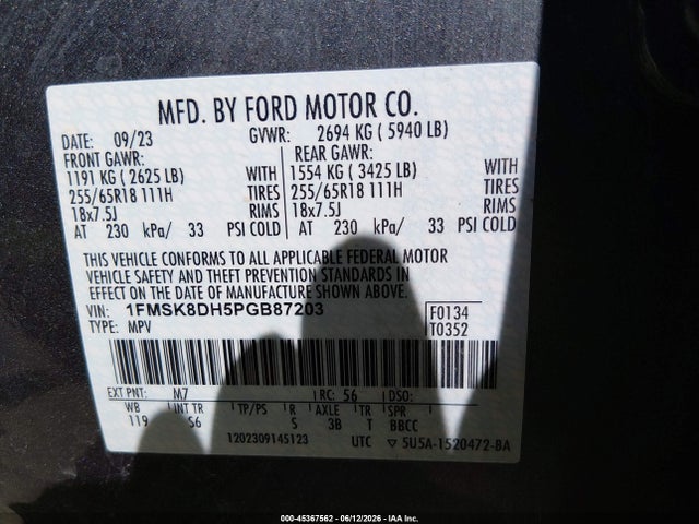 1FMSK8DH5PGB87203 Ford EXPLORER XLT