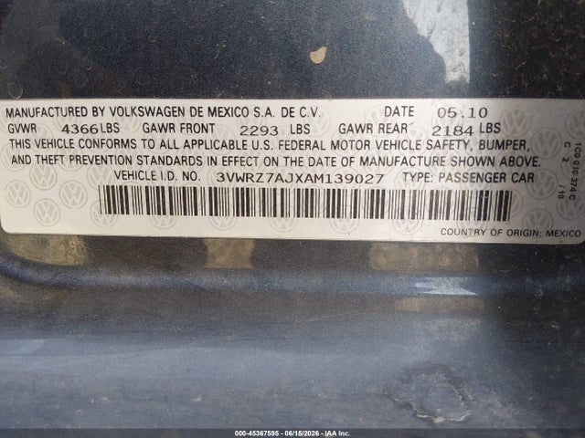 Продаж на аукціоні авто 2010 Volkswagen Jetta Limited Edition, vin: 3VWRZ7AJXAM139027, номер лоту: 45367595