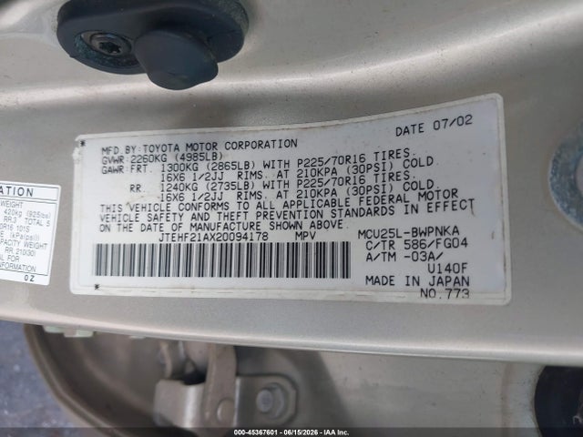 2002 Toyota Highlander V6 მანქანა იყიდება აუქციონზე, vin: JTEHF21AX20094178, აუქციონის ნომერი: 45367601