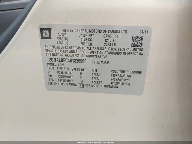 Продаж на аукціоні авто 2011 Chevrolet Equinox Ls, vin: 2GNALBEC4B1326960, номер лоту: 45367606