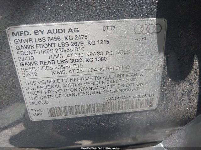 45367608 :رقم المزاد ، WA1ANAFY0J2026154 vin ، 2018 Audi Q5 2.0t Premium/2.0t Tech Premium مزاد بيع