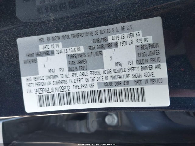 Mazda MAZDA3 2020 3MZBPABL4LM129892 Image 9