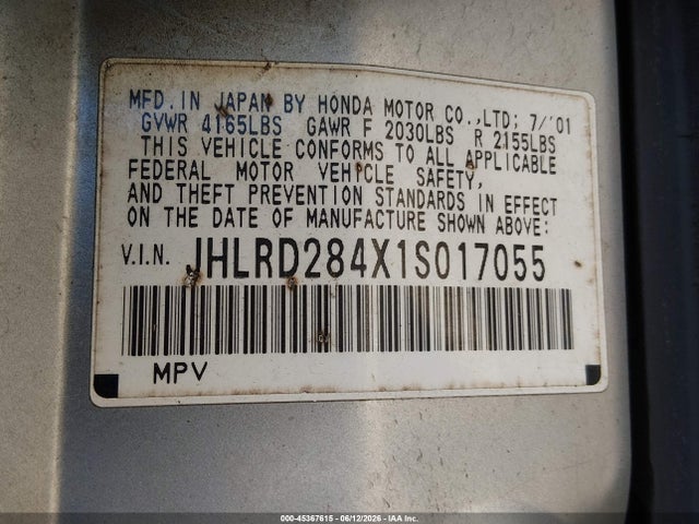Aukcja sprzedaży 2001 Honda Cr-v Lx, vin: JHLRD284X1S017055, numer aukcji: 45367615