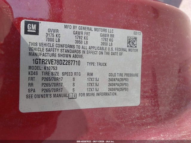2013 Gmc Sierra 1500 Sle მანქანა იყიდება აუქციონზე, vin: 1GTR2VE78DZ287710, აუქციონის ნომერი: 45367622