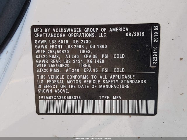 Aukcja sprzedaży 2019 Volkswagen Atlas 3.6l V6 Sel, vin: 1V2MR2CA3KC593375, numer aukcji: 45367634