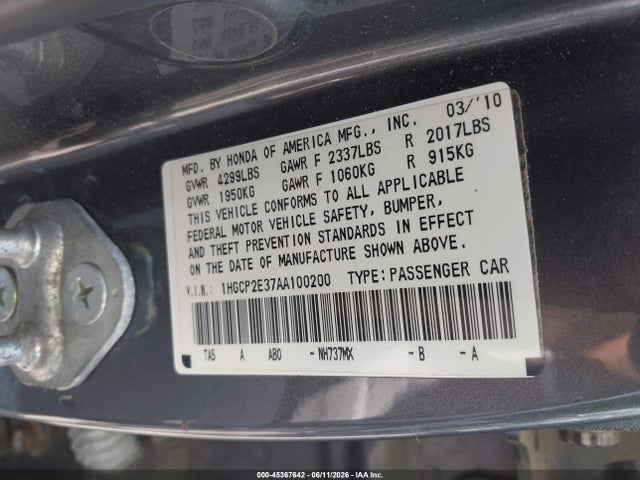 2010 Honda Accord 2.4 Lx მანქანა იყიდება აუქციონზე, vin: 1HGCP2E37AA100200, აუქციონის ნომერი: 45367642
