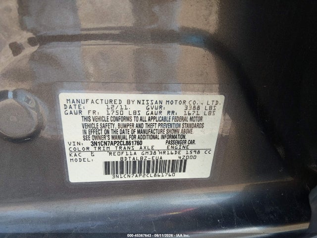 Aukcja sprzedaży 2012 Nissan Versa 1.6 Sv, vin: 3N1CN7AP2CL861760, numer aukcji: 45367643