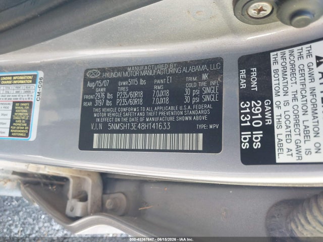 2008 Hyundai Santa Fe Se/limited მანქანა იყიდება აუქციონზე, vin: 5NMSH13E48H141633, აუქციონის ნომერი: 45367647