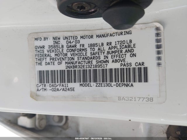 Aukcja sprzedaży 2003 Toyota Corolla Le, vin: 1NXBR32E13Z189517, numer aukcji: 45367687