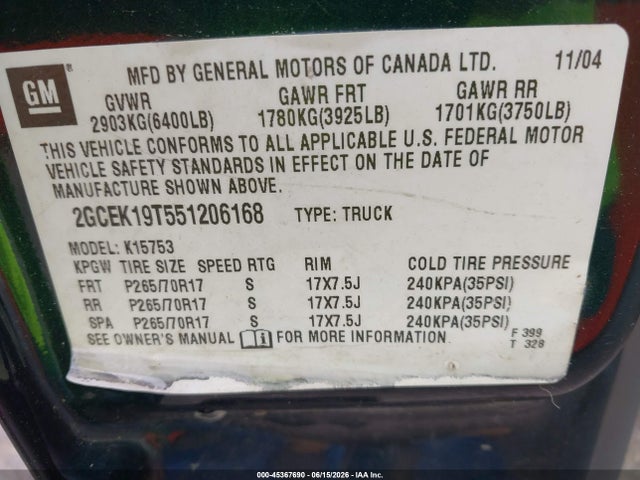 45367690 :رقم المزاد ، 2GCEK19T551206168 vin ، 2005 Chevrolet Silverado 1500 Z71 مزاد بيع