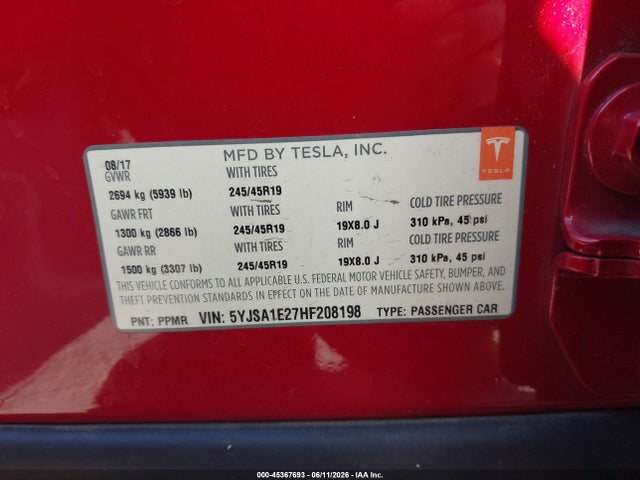 Tesla Model S 100d/60d/75d/90d/p100d 2017 5YJSA1E27HF208198 Image 9