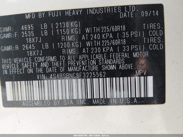 Subaru Outback 2.5i Limited 2015 4S4BSBNC8F3225562 Image 9