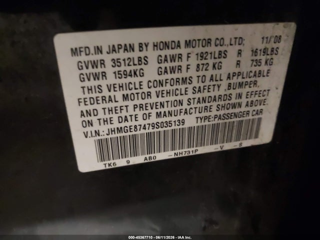 Продажа на аукционе авто 2009 Honda Fit Sport, vin: JHMGE87479S035139, номер лота: 45367710