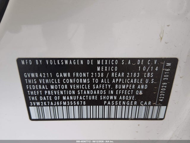 3VW2K7AJ6FM355678 Volkswagen Jetta 2.0l S