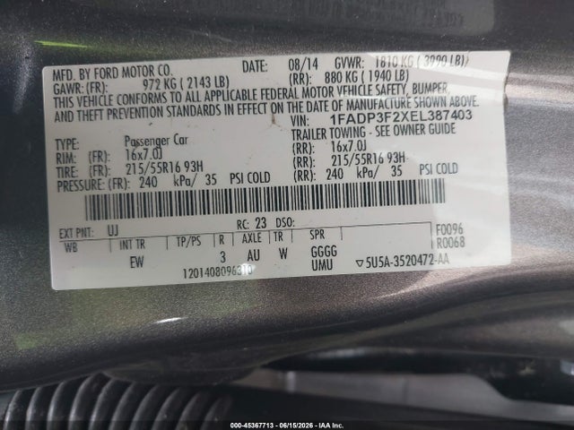 45367713 :رقم المزاد ، 1FADP3F2XEL387403 vin ، 2014 Ford Focus Se مزاد بيع