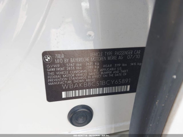 Продажа на аукционе авто 2011 Bmw 750li, vin: WBAKB8C51BCY65891, номер лота: 45367716