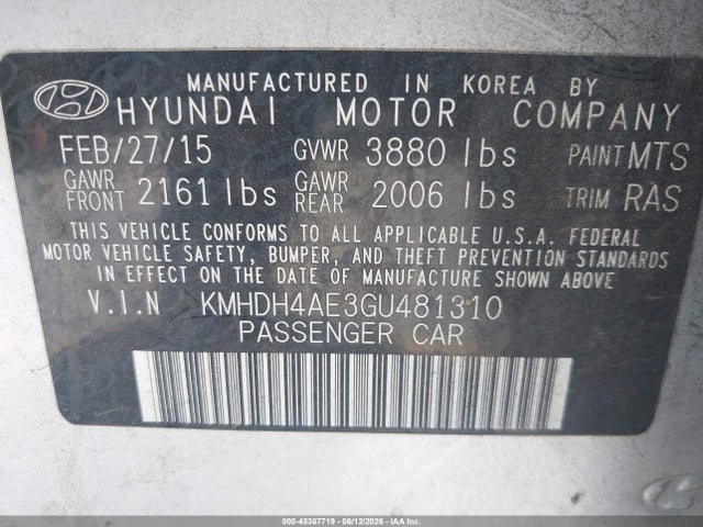 2016 Hyundai Elantra Se მანქანა იყიდება აუქციონზე, vin: KMHDH4AE3GU481310, აუქციონის ნომერი: 45367719