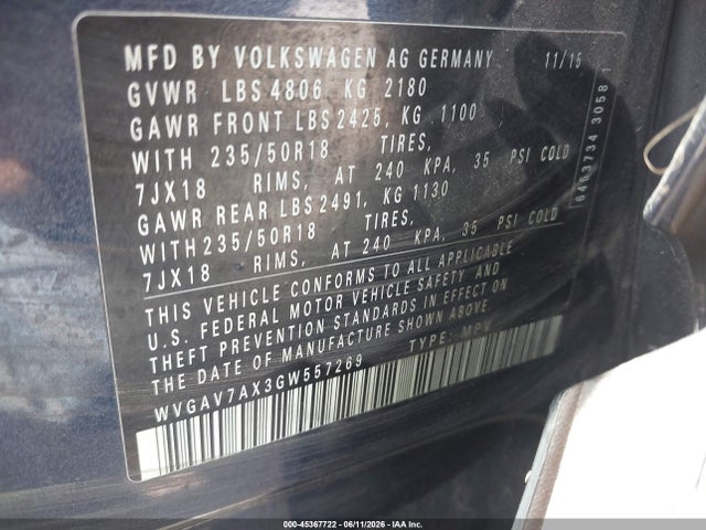 2016 Volkswagen Tiguan Se მანქანა იყიდება აუქციონზე, vin: WVGAV7AX3GW557269, აუქციონის ნომერი: 45367722