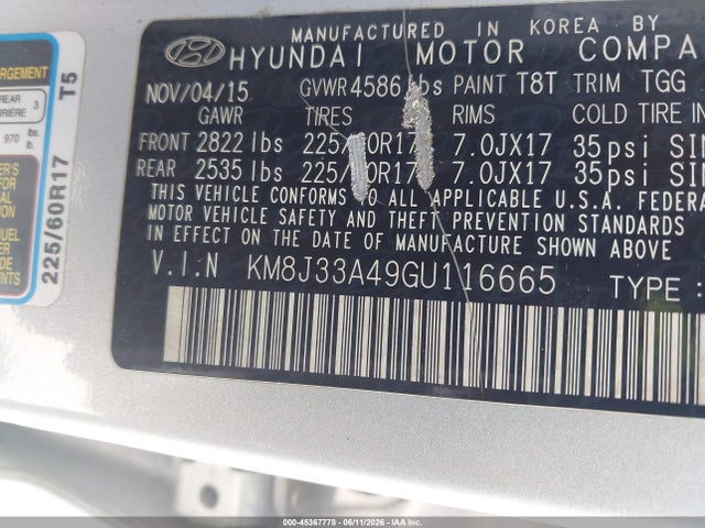 2016 Hyundai Tucson Se მანქანა იყიდება აუქციონზე, vin: KM8J33A49GU116665, აუქციონის ნომერი: 45367778
