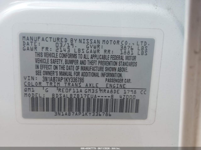 3N1AB7AP1KY336786 Nissan SENTRA S