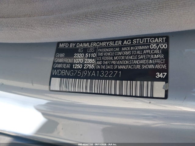 Aukcja sprzedaży 2000 Mercedes-benz S 500, vin: WDBNG75J9YA132271, numer aukcji: 45367788