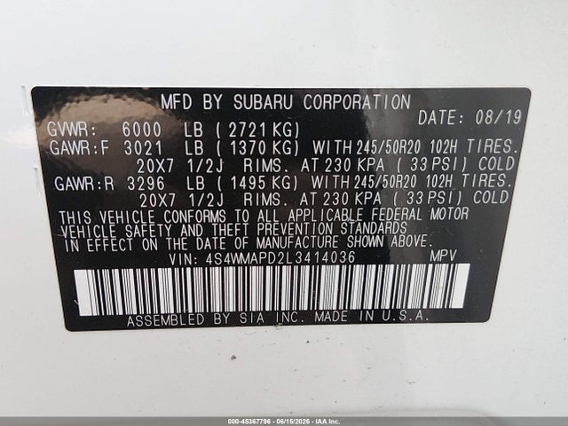 Subaru Ascent Limited 2020 4S4WMAPD2L3414036 Image 9
