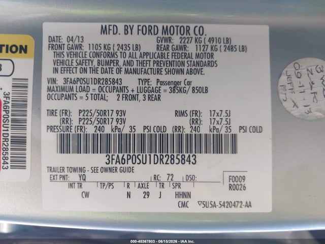 2013 Ford Fusion Energi Titanium მანქანა იყიდება აუქციონზე, vin: 3FA6P0SU1DR285843, აუქციონის ნომერი: 45367803
