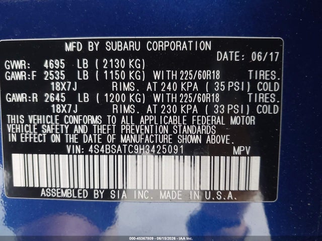 4S4BSATC9H3425091 Subaru Outback 2.5i Touring