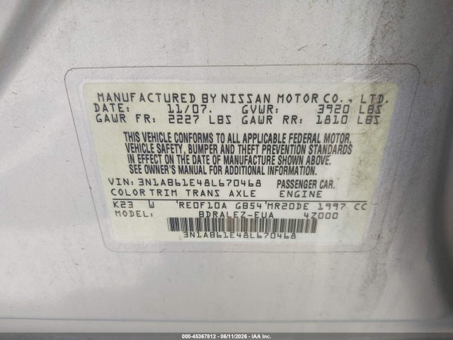 Aukcja sprzedaży 2008 Nissan Sentra 2.0s, vin: 3N1AB61E48L670468, numer aukcji: 45367812