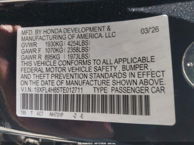 19XFL4H85TE012711 Honda Civic Hybrid Sport