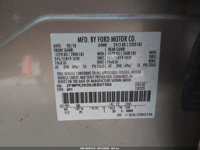 Aukcja sprzedaży 2018 Ford Edge Titanium, vin: 2FMPK3K99JBB67586, numer aukcji: 45367819