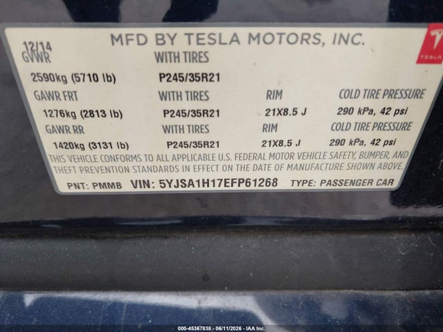 Aukcja sprzedaży 2014 Tesla Model S P85, vin: 5YJSA1H17EFP61268, numer aukcji: 45367838