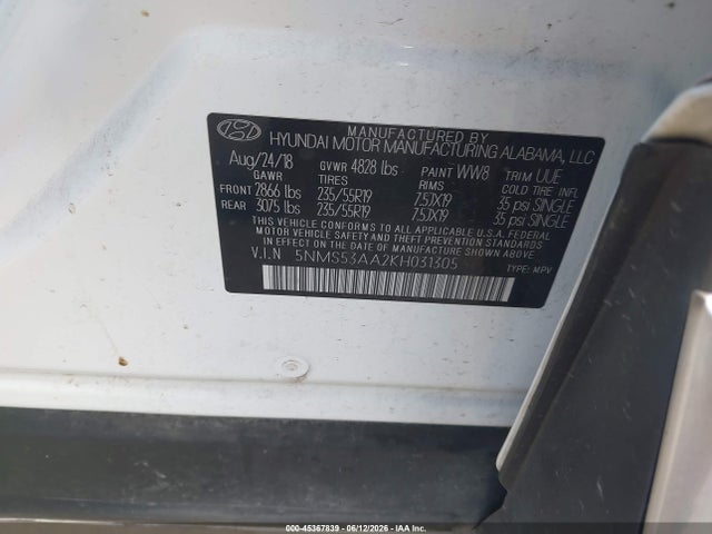 Aukcja sprzedaży 2019 Hyundai Santa Fe Ultimate 2.0t, vin: 5NMS53AA2KH031305, numer aukcji: 45367839