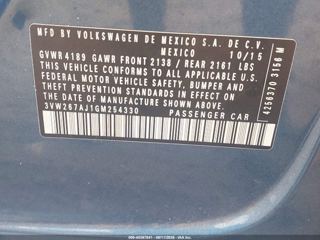 Aukcja sprzedaży 2016 Volkswagen Jetta 1.4t S, vin: 3VW267AJ1GM254330, numer aukcji: 45367841