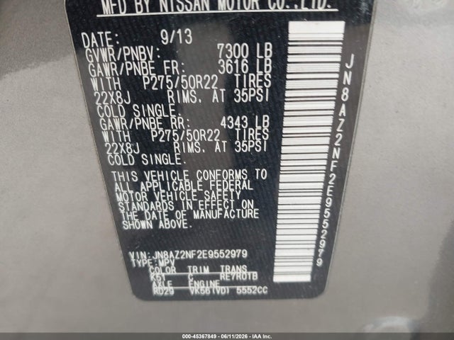Aukcja sprzedaży 2014 Infiniti Qx80, vin: JN8AZ2NF2E9552979, numer aukcji: 45367849