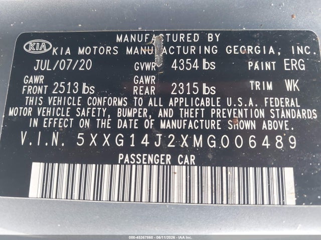 Aukcja sprzedaży 2021 Kia K5 Lxs, vin: 5XXG14J2XMG006489, numer aukcji: 45367860
