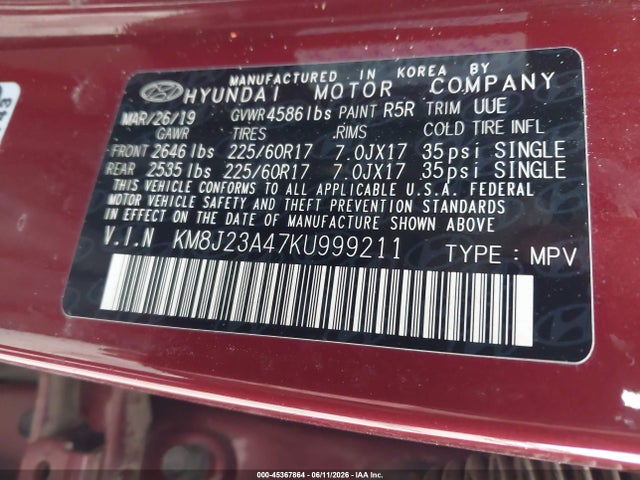 2019 Hyundai Tucson Se მანქანა იყიდება აუქციონზე, vin: KM8J23A47KU999211, აუქციონის ნომერი: 45367864