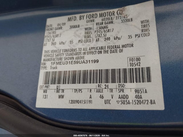 Aukcja sprzedaży 2009 Ford Explorer Sport Trac Xlt, vin: 1FMEU31E59UA31199, numer aukcji: 45367876