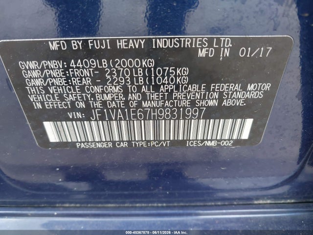 Aukcja sprzedaży 2017 Subaru Wrx Premium, vin: JF1VA1E67H9831997, numer aukcji: 45367878