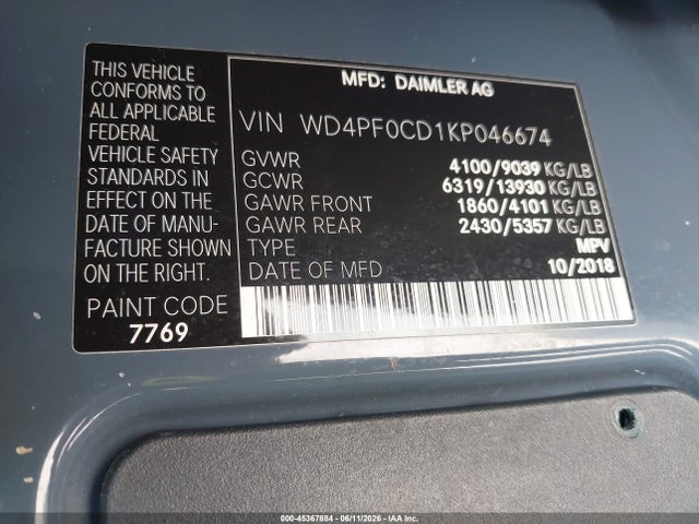 Aukcja sprzedaży 2019 Mercedes-benz Sprinter 2500 Standard Roof V6, vin: WD4PF0CD1KP046674, numer aukcji: 45367884
