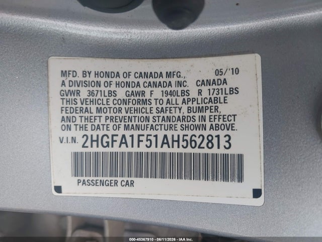 Продаж на аукціоні авто 2010 Honda Civic Lx, vin: 2HGFA1F51AH562813, номер лоту: 45367910