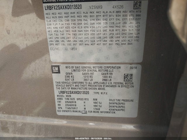 45367923 :رقم المزاد ، LRBFX2SAXKD013520 vin ، 2019 Buick Envision Awd Essence مزاد بيع