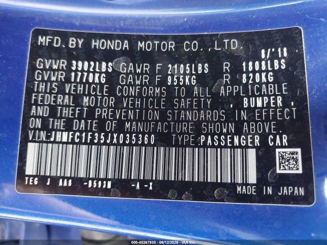 Honda Civic Ex-t 2018 JHMFC1F35JX035360 Image 9