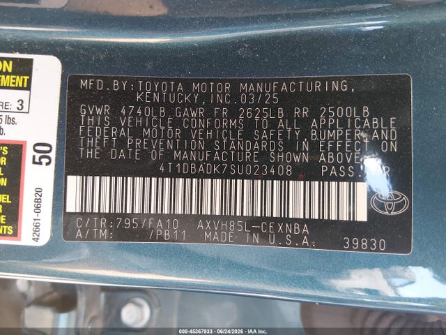 45367933 :رقم المزاد ، 4T1DBADK7SU023408 vin ، 2025 Toyota Camry Le مزاد بيع